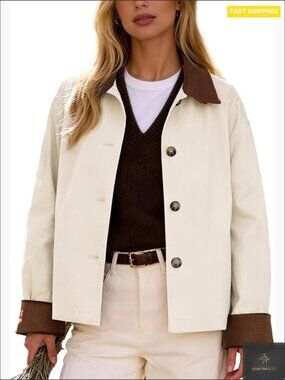 Cropped Trench Coat Casual Jacket Button Down Loose Fit Spring Fall